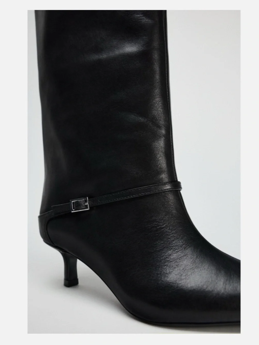 Zara Leather Kitten Heel Knee High Black Boots With Buckle - Picture 3 of 6